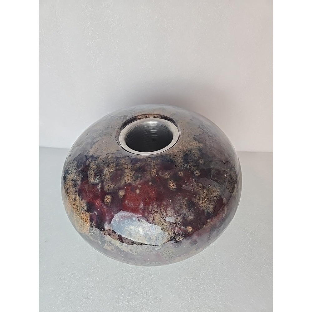 Modern Studio Pottery Vase with Metal Insert Mottled Brown Gold Glaze‎ Stoneware